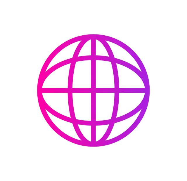 Purple and pink globe icon representing the world, with grid lines.
