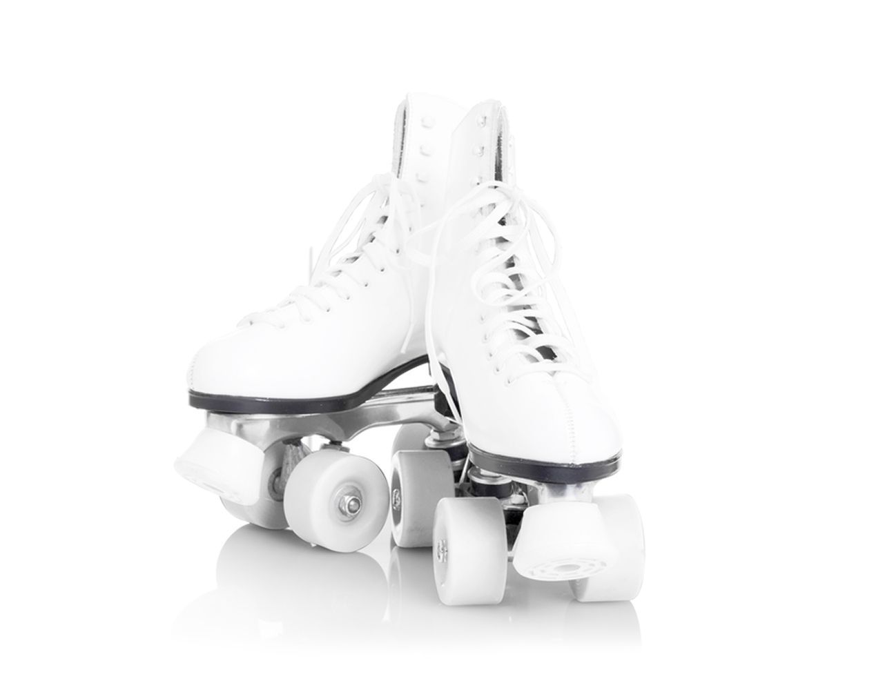 White roller skates with laces, against a white background.