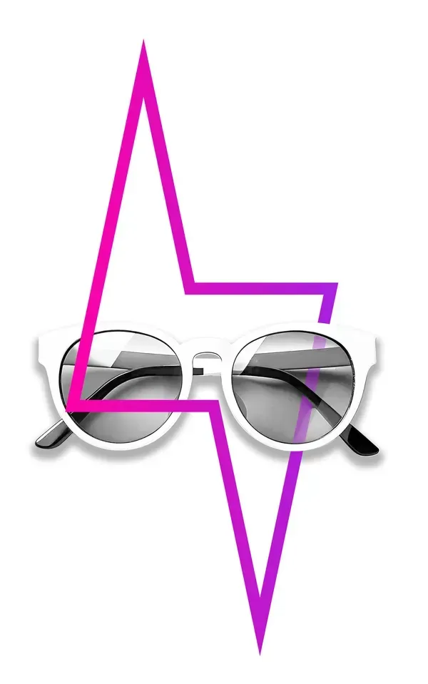 White sunglasses with a pink and purple lightning bolt.
