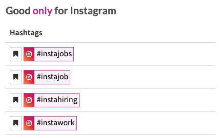 Instagram hashtags: #instajobs, #instajob, #instahiring, and #instawork, with orange and pink accent colors.