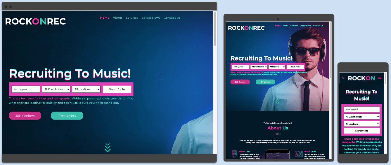 Websites displaying the RockOnRec recruitment platform on desktop, tablet, and mobile devices. Recruitment search fields present.