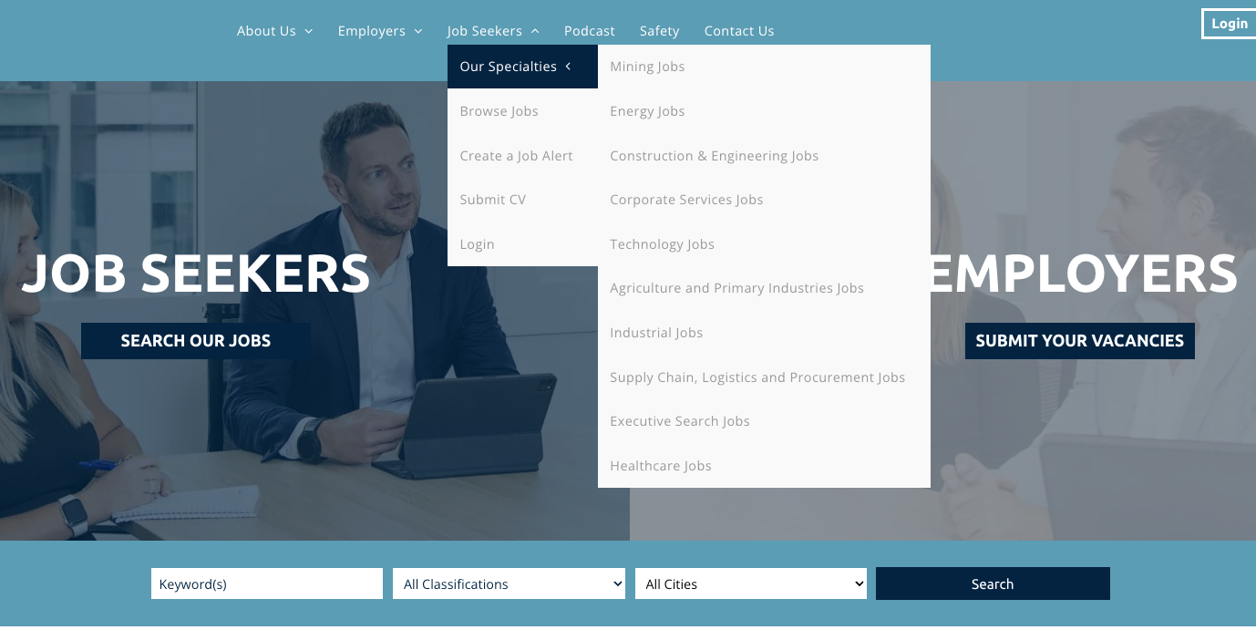 Website with navigation menu open, featuring job seekers and employers.