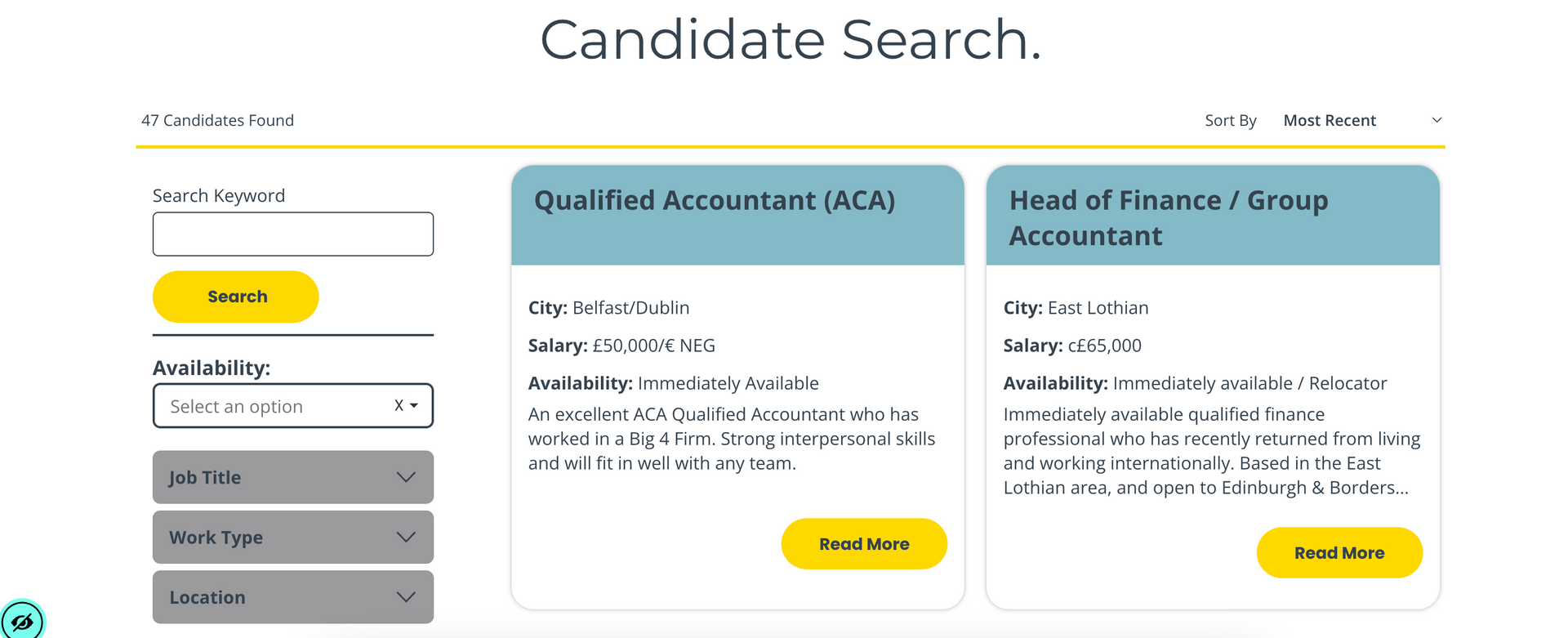 Four candidate cards with blue titles and sections for salary, location, type, and availability.