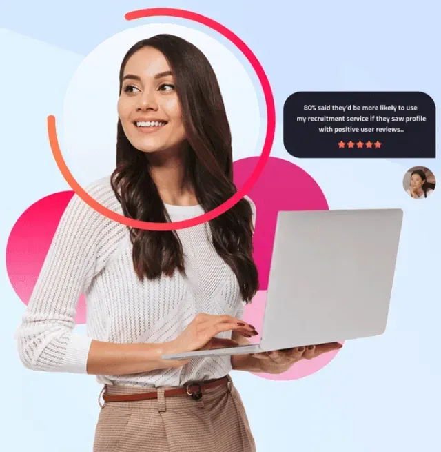 Woman using laptop, smiling, surrounded by abstract shapes and a quote about positive reviews.