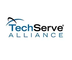 TechServe Alliance logo: blue text, black arcs, white background.