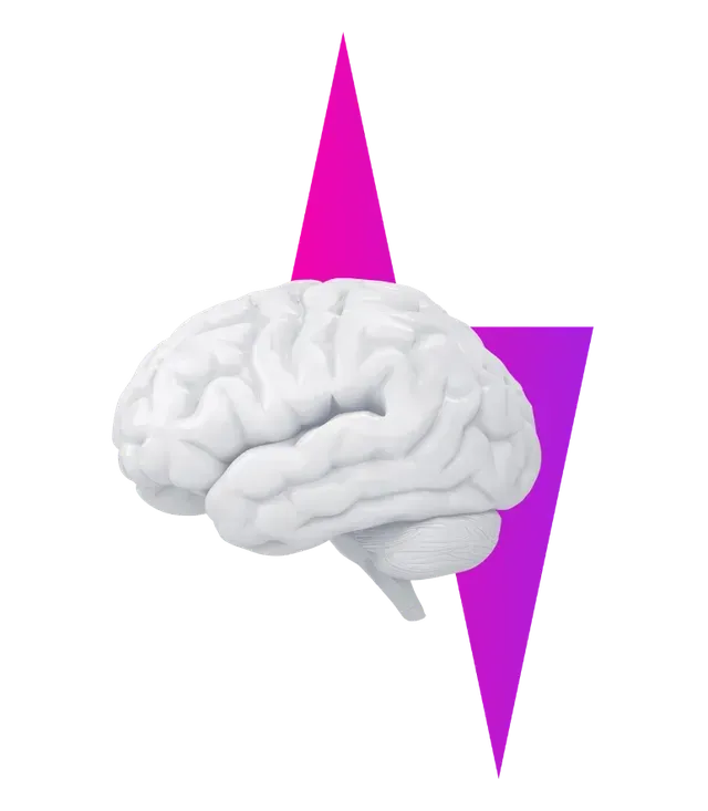 White brain with pink and purple geometric lightning bolt on a white background.
