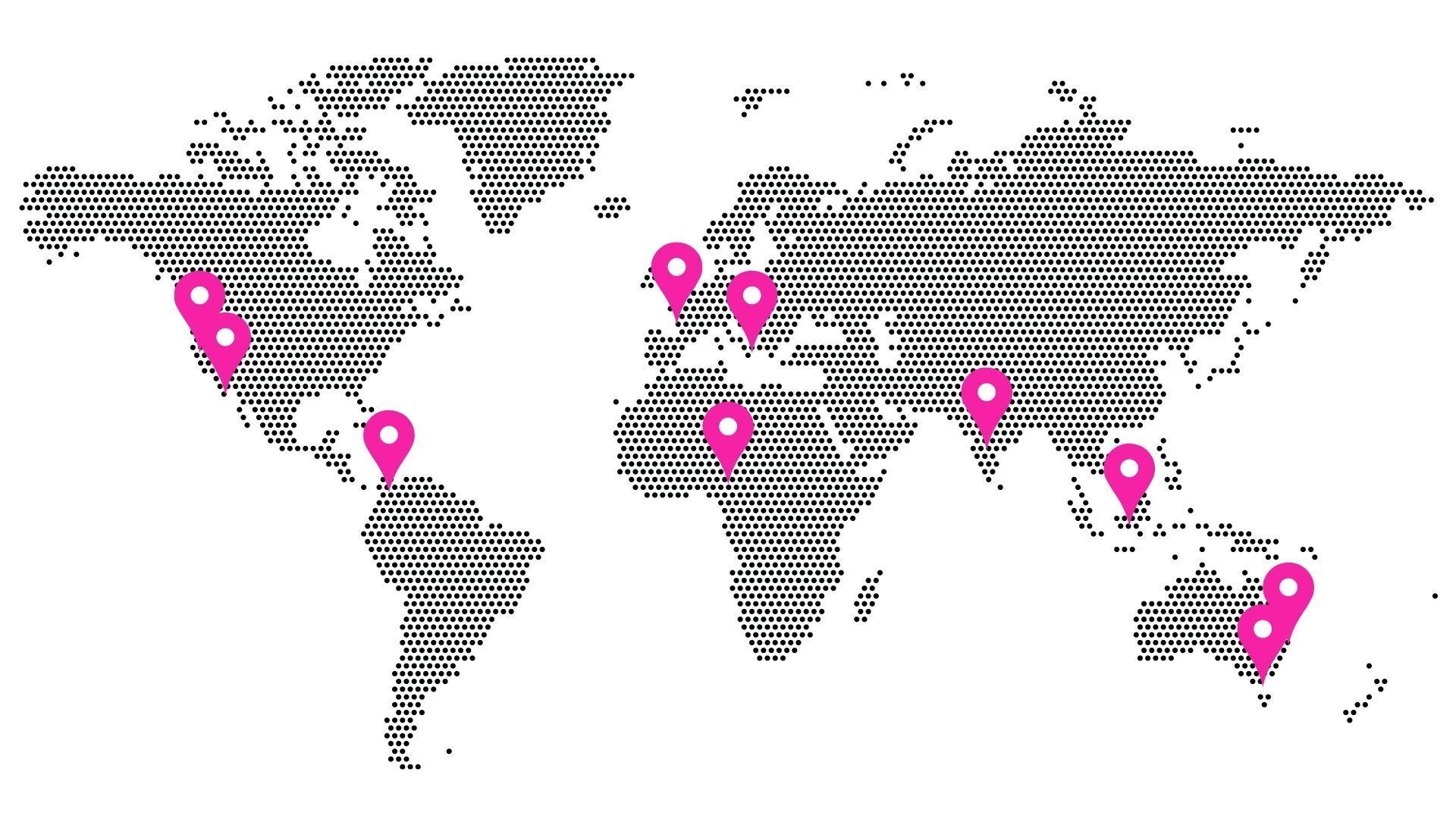World map with pink location pins indicating international presence.