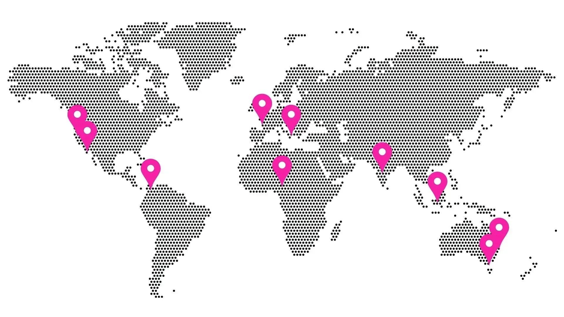 World map with pink location markers indicating various international cities.