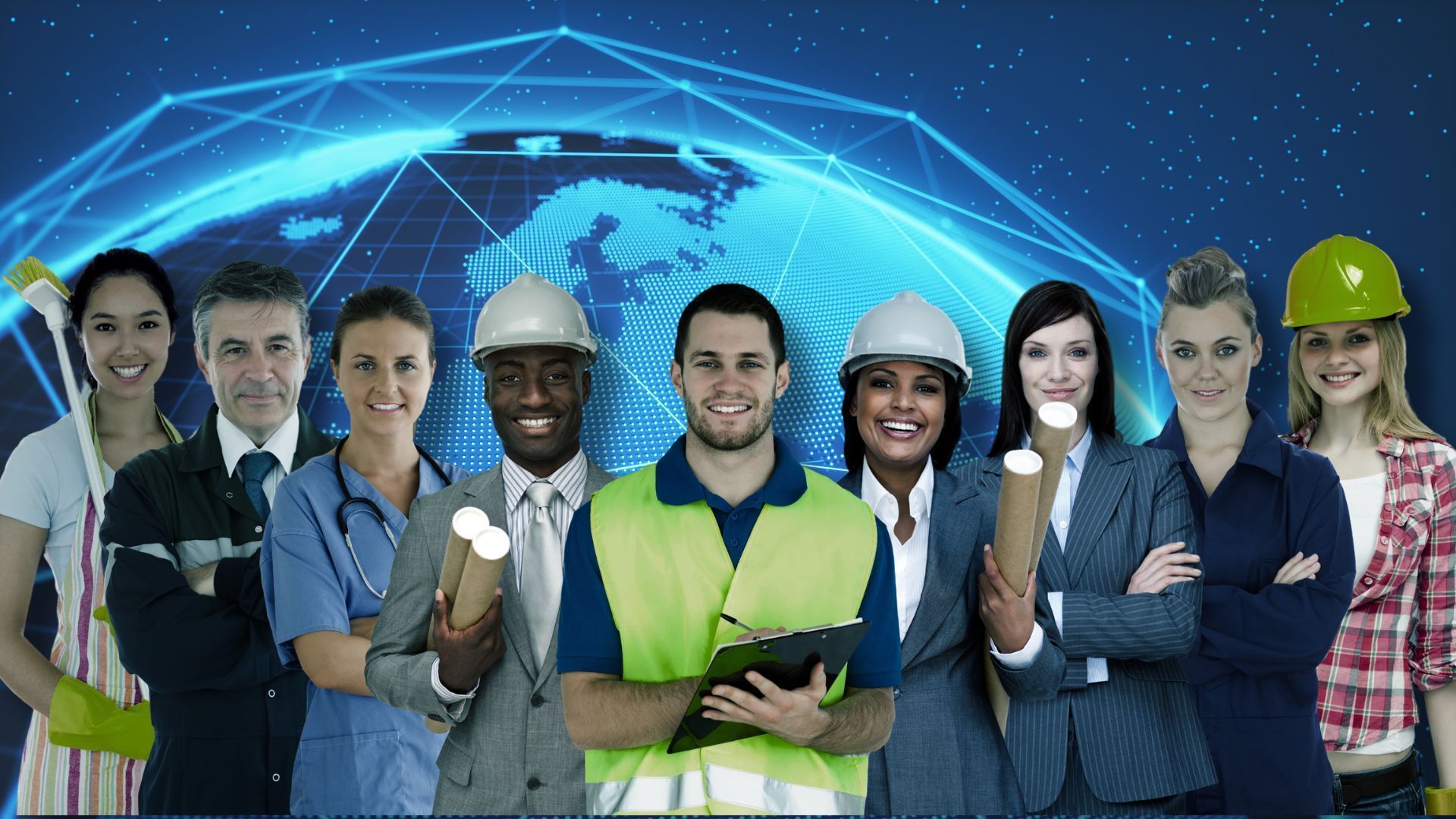 Group of diverse professionals in front of a world map graphic. Construction workers, doctors, and other workers smiling.