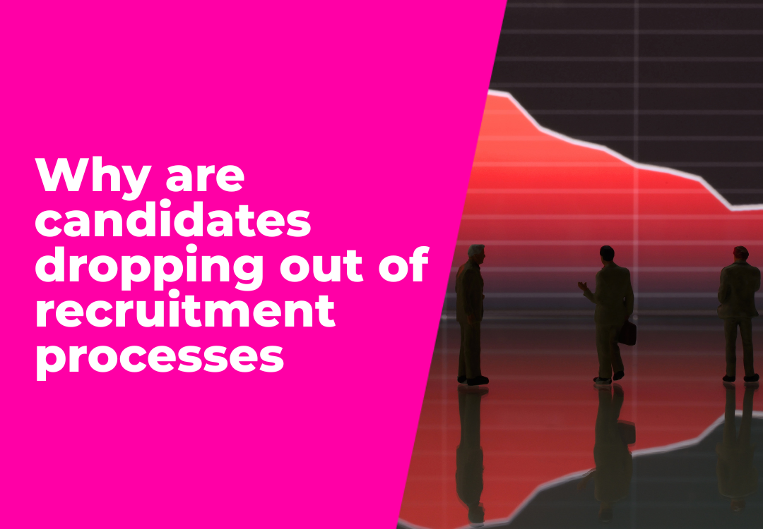 White text on magenta banner: “Why are candidates dropping out of recruitment processes,” with silhouetted figures at sunset.