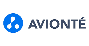 Blue logo with a white abstract figure inside a circle, next to the word AVIONTÉ in dark gray.