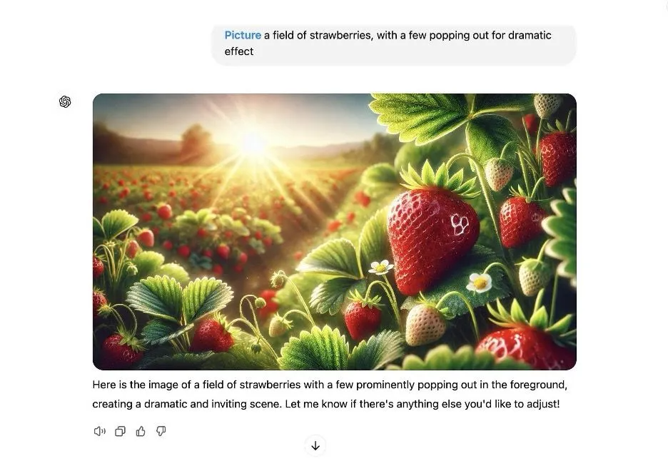 Field of strawberries with a few berries popping out with a bright sun in the background.