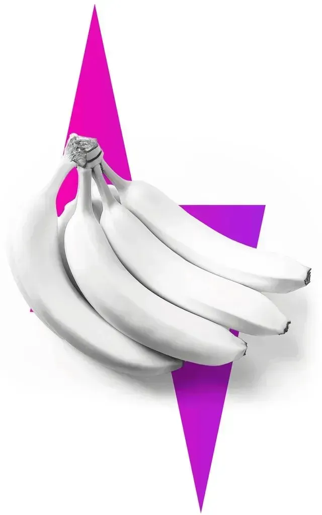 White bananas with a pink and purple geometric design.