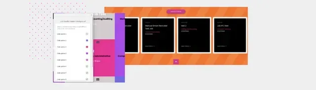 Screenshots of a mobile interface, showing a settings menu and multiple black cards within an orange frame, and purple and pink elements.