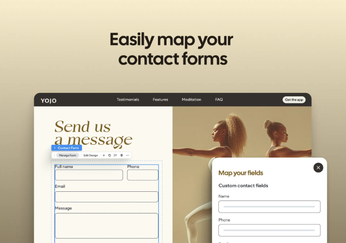 Website interface demonstrating contact form mapping features with light beige and gold tones.
