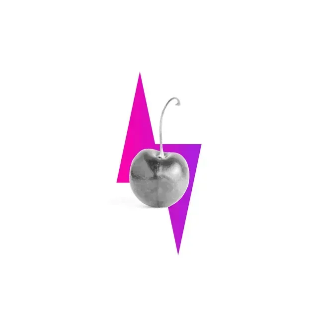 Black and white cherry with stem in front of a pink and purple lightning bolt on white background.