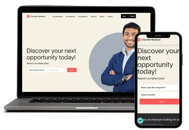 Laptop and smartphone showcasing the Chandler Macleod website with a smiling man and call to action.