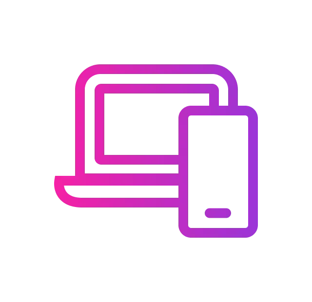 Laptop and smartphone in a gradient purple and pink, representing device compatibility.