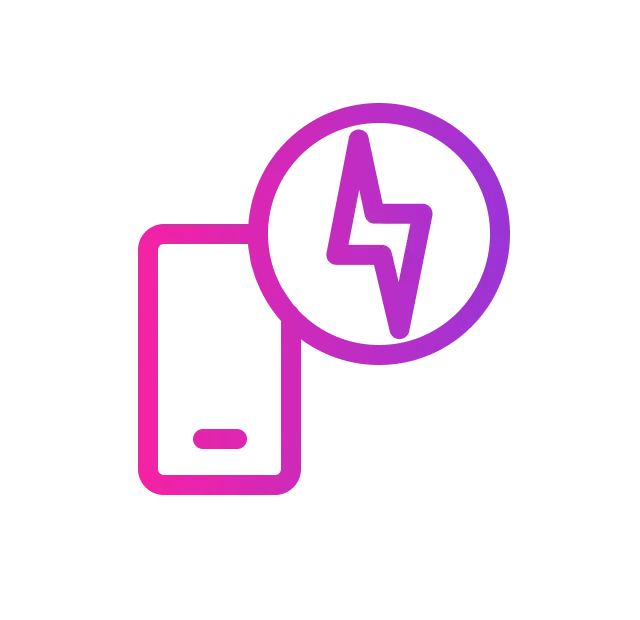 Phone with charging icon (lightning bolt in a circle), pink to purple gradient.