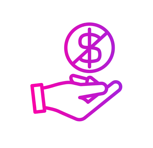Hand holding a coin with a crossed-out dollar sign, indicating no cost or free.