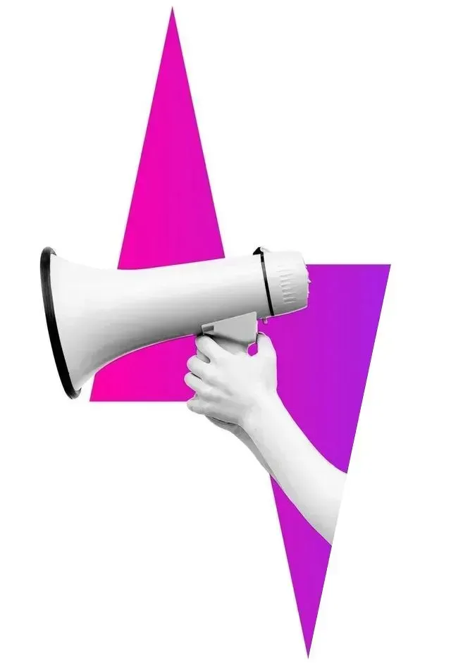 White hand holding a megaphone against a pink and purple lightning bolt on white.
