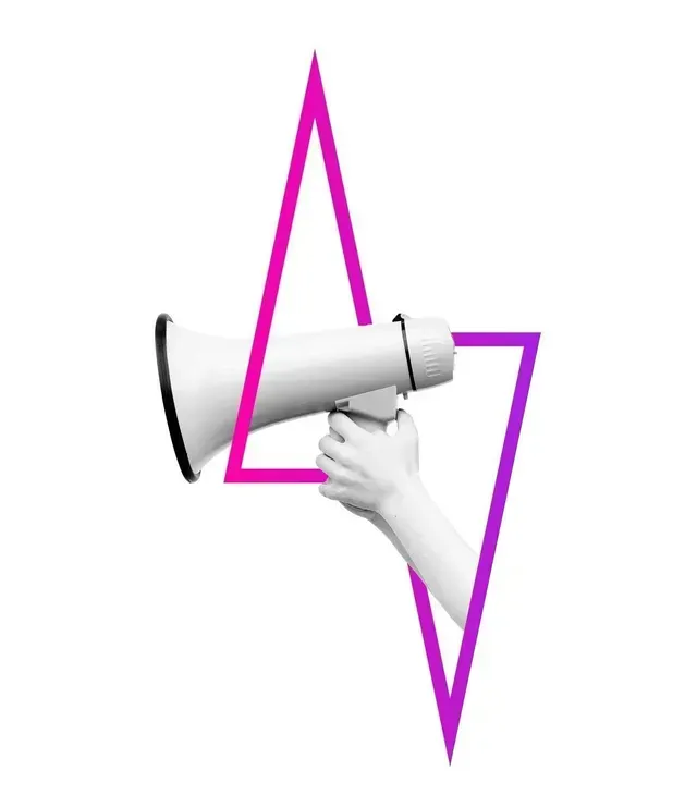 Hand holding a white megaphone framed by a magenta geometric shape, on white background.