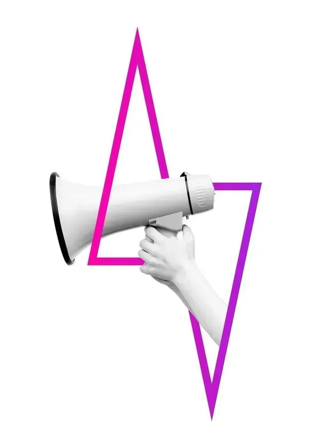 White hand holding a megaphone within a pink and purple outlined triangle.
