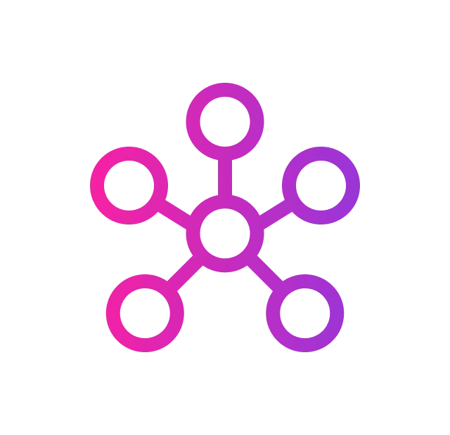 A network icon, featuring a central circle with five connected circles in a pink-to-purple gradient.