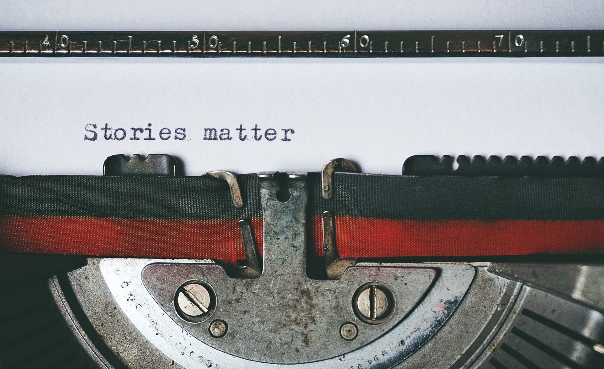 Close-up of a typewriter with the words 