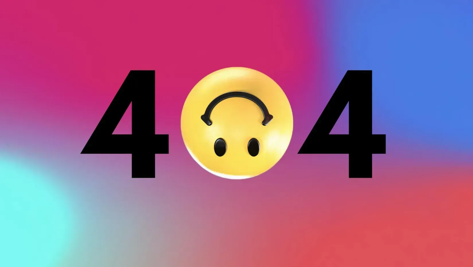 A 404 error page with a yellow, upside-down smiling face icon centered between the two fours on a pink and blue gradient.