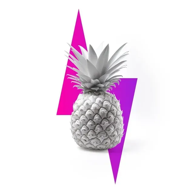 Monochrome pineapple centered on white with vibrant pink/purple lightning bolt shapes.