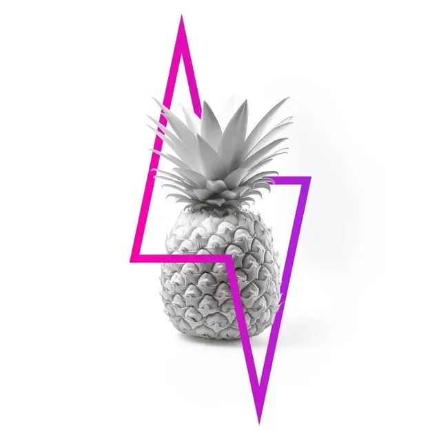 Silver pineapple with pink and purple geometric design.