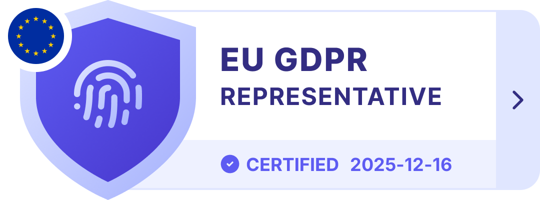 Shield icon with fingerprint and EU GDPR Representative text, certified until 2025-12-18.