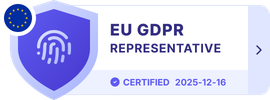 A purple shield icon with a fingerprint and EU flag, labeled