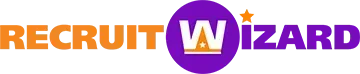 Recruit Wizard logo: Orange text with purple circular logo, star above W.