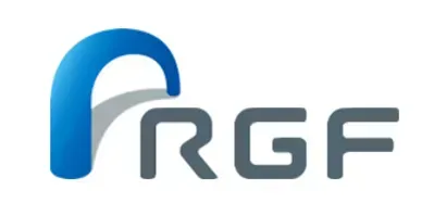 Logo of RGF, featuring a blue arch and gray letters.