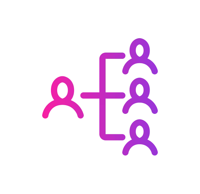 Organizational chart: One person connected to three others, shown with purple and pink gradients.