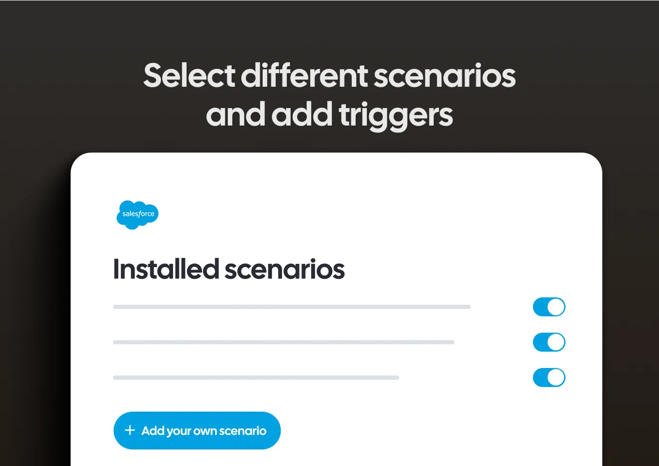 White screen displaying installed scenarios list with blue toggles and a blue 