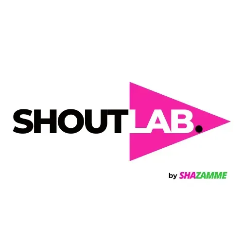 SHOUT LAB logo: black text with a pink arrow pointing right,