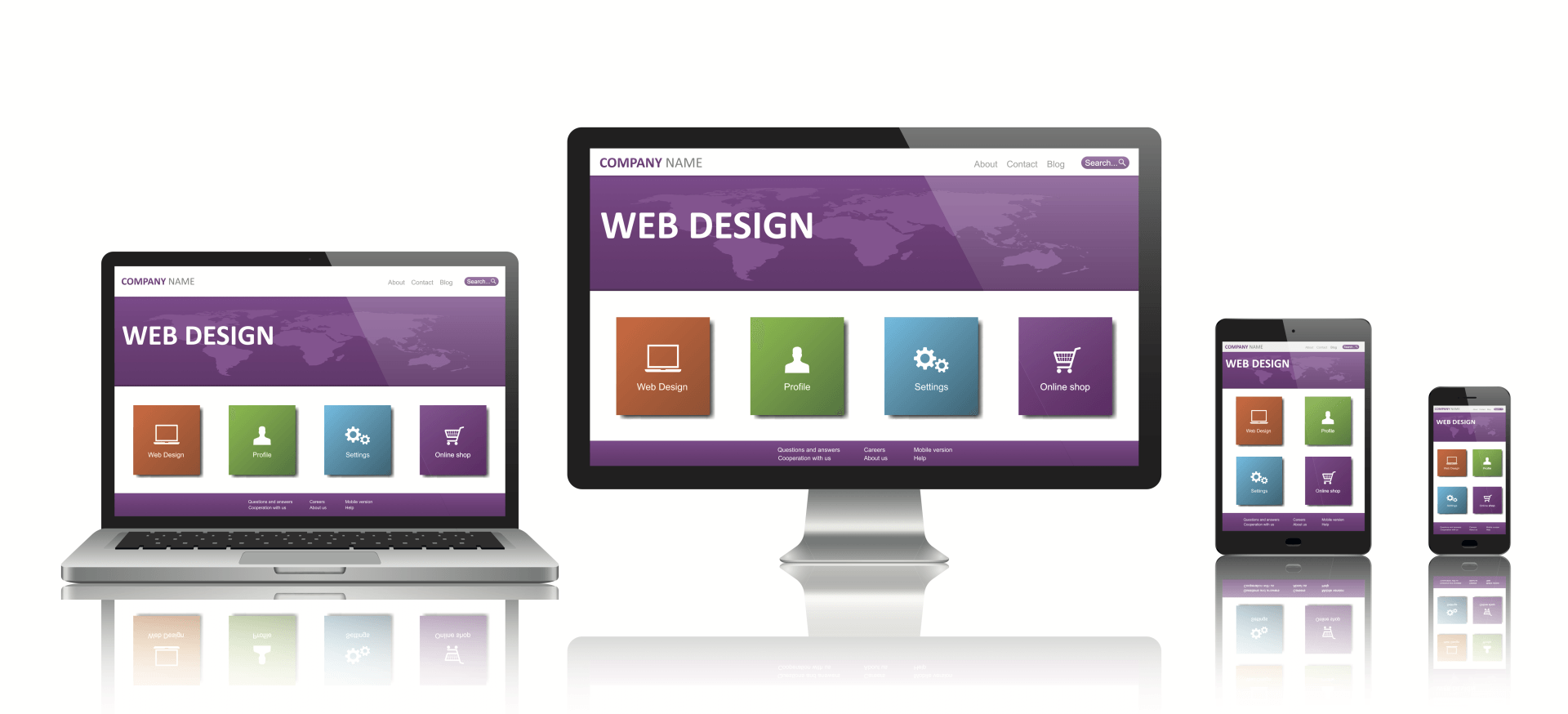 Web design mock-up displayed on laptop, monitor, tablet and smartphone; website uses purple and four colored squares.