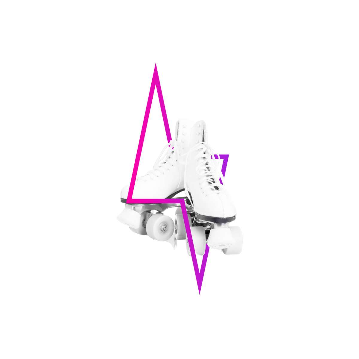 White roller skates with a purple geometric shape on a white background.