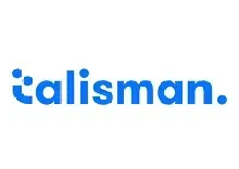 Logo for Talisman, blue text with a smiley face icon.