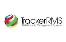 Logo for TrackerRMS, a relationship management systems company. Features a colorful globe icon and text.