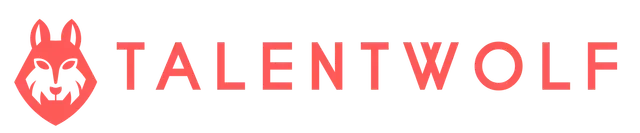Logo for TalentWolf, featuring a red wolf head icon next to the words