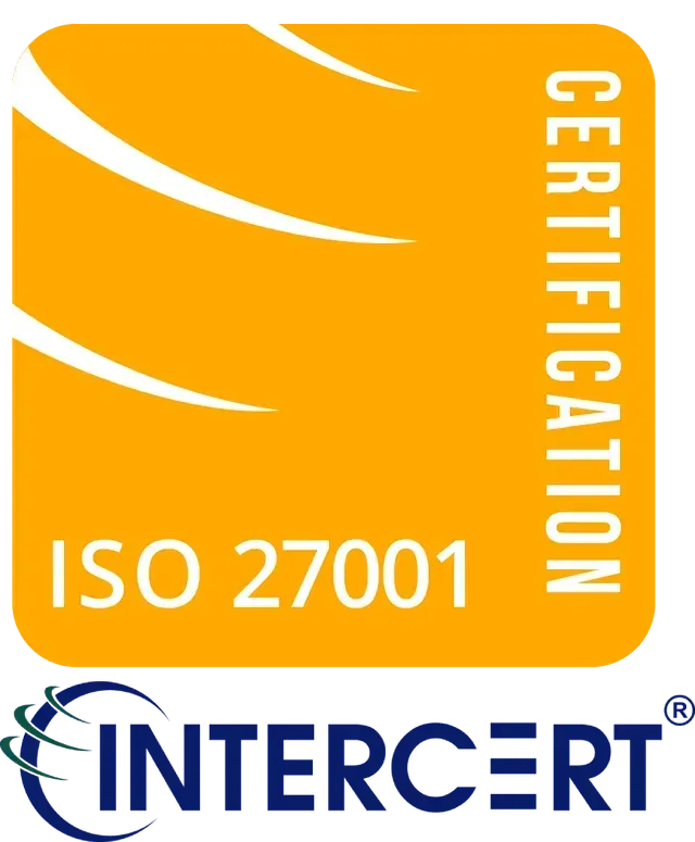 ISO 27001 certification seal from INTERCERT in orange, with text and a stylized globe graphic.