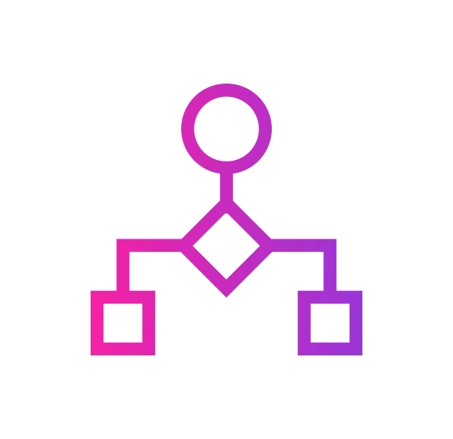 Flowchart icon, with a circle, a diamond, and two squares, in a purple to pink gradient.