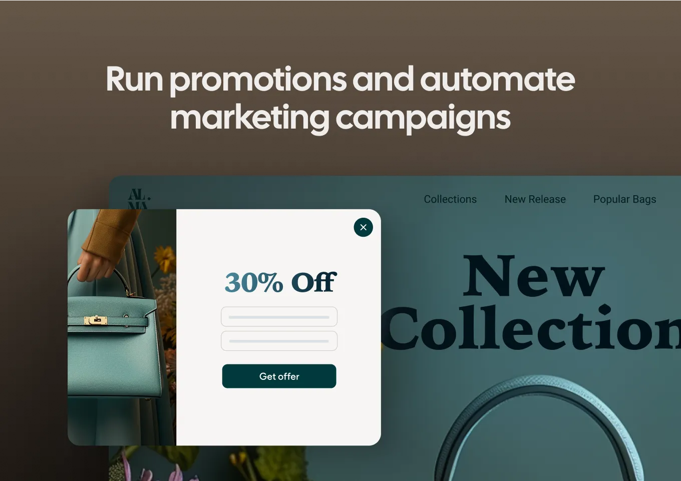 Website with a pop-up offering 30% off, promoting automated marketing.