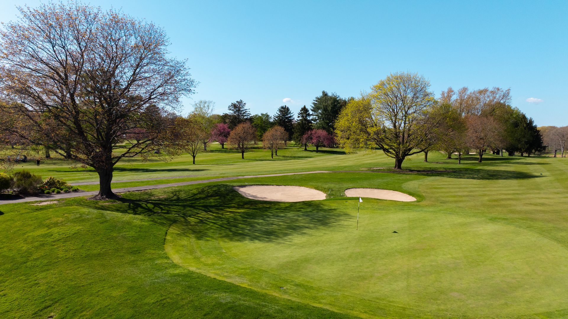 An aerial view of a golf course with trees and bunkers on a sunny day.