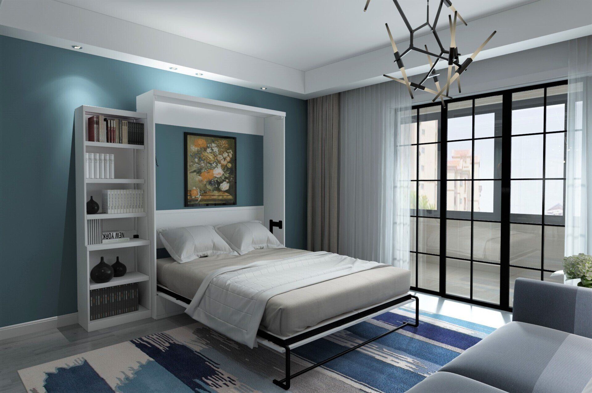 Murphy Bed Brookfield Open with Bookcase White at Irvine Murphy Beds Orange County Ca 949-510-9382