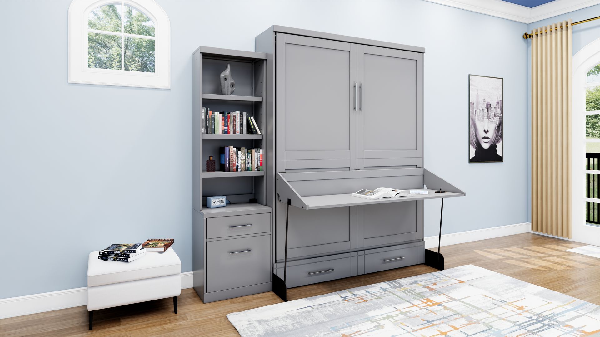 Brookfields Gray Murphy Desk Bed with Desk and Cabinet Murphy Bed Home Office Desk Bed Solutions at Irvine Murphy Beds  and Wall beds (949) 510-9382